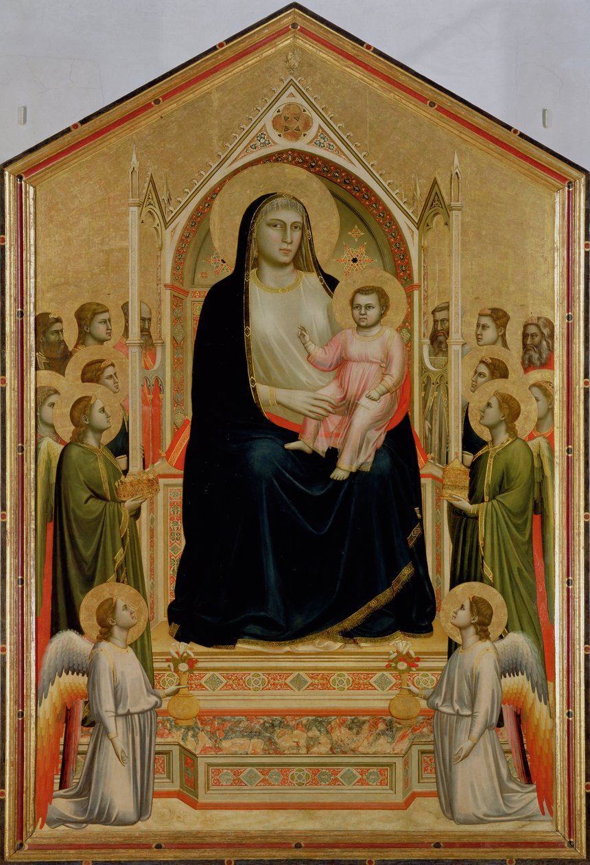 Madonna z Dzieciątkiem na tronie, ok. 1300-10 (tempera na panelu) (przywrócenie POST) (patrz także 50342) autorstwa Giotto di Bondone