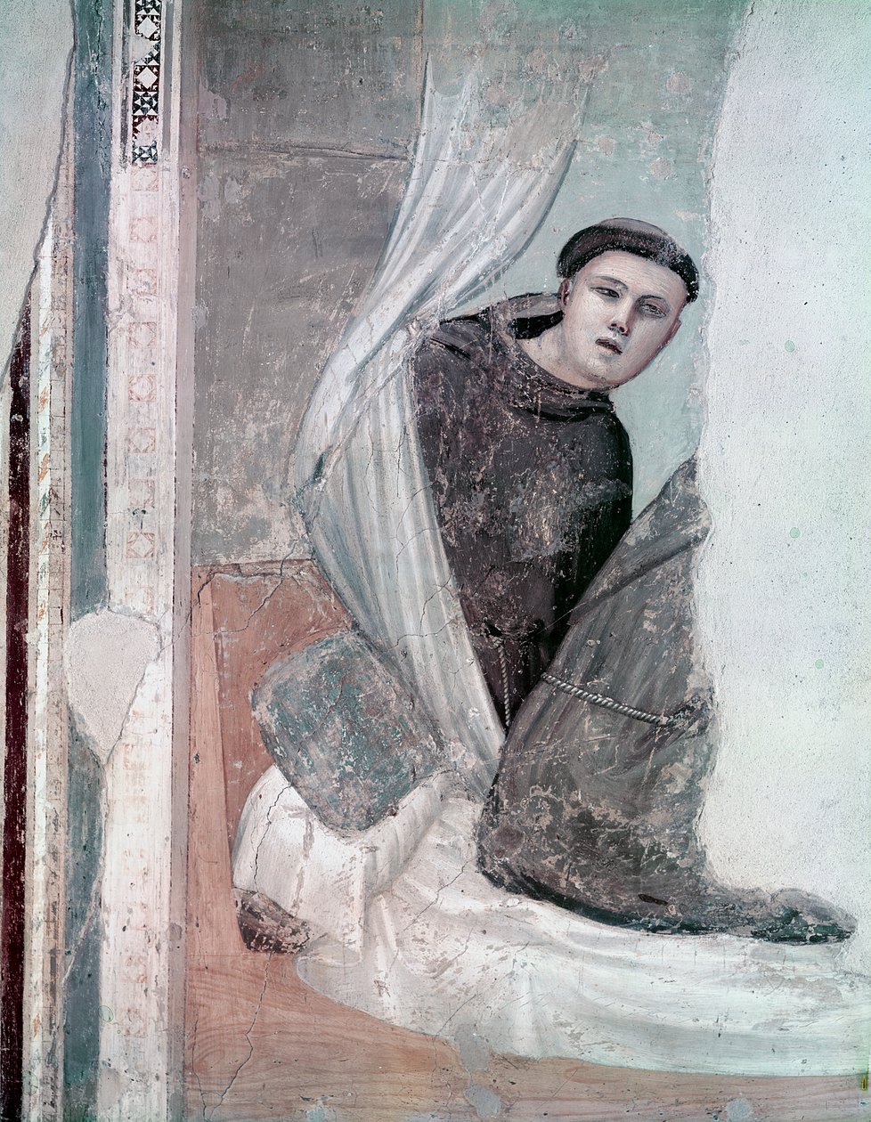 Mnich, detal z cyklu Życie św. Franciszka, kaplica Bardi, ok. 1340 r. autorstwa Giotto di Bondone