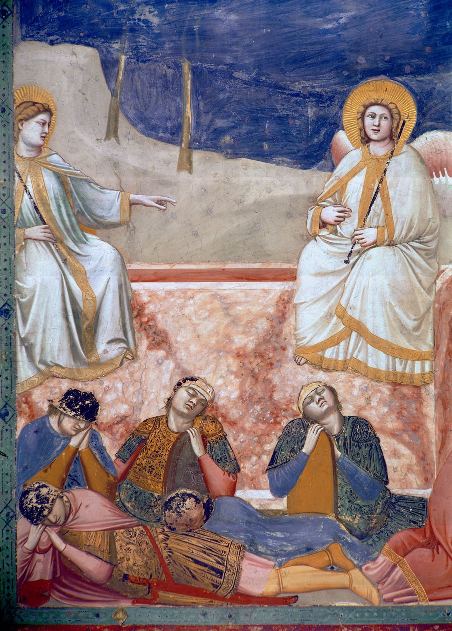 Noli Me Tangere, czyli objawienie Chrystusa Marii Magdalenie, szczegół grobu, aniołowie i śpiący żołnierze, 1303-05 (zob. także 155974) autorstwa Giotto di Bondone