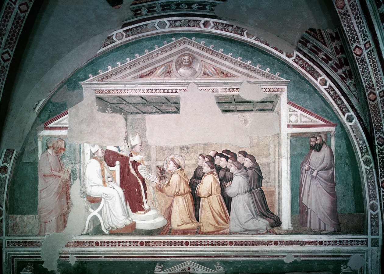 Papież Innocenty III (1160-1216) zatwierdzający Regułę św. Franciszka, z kaplicy Bardi, c.1320 autorstwa Giotto di Bondone