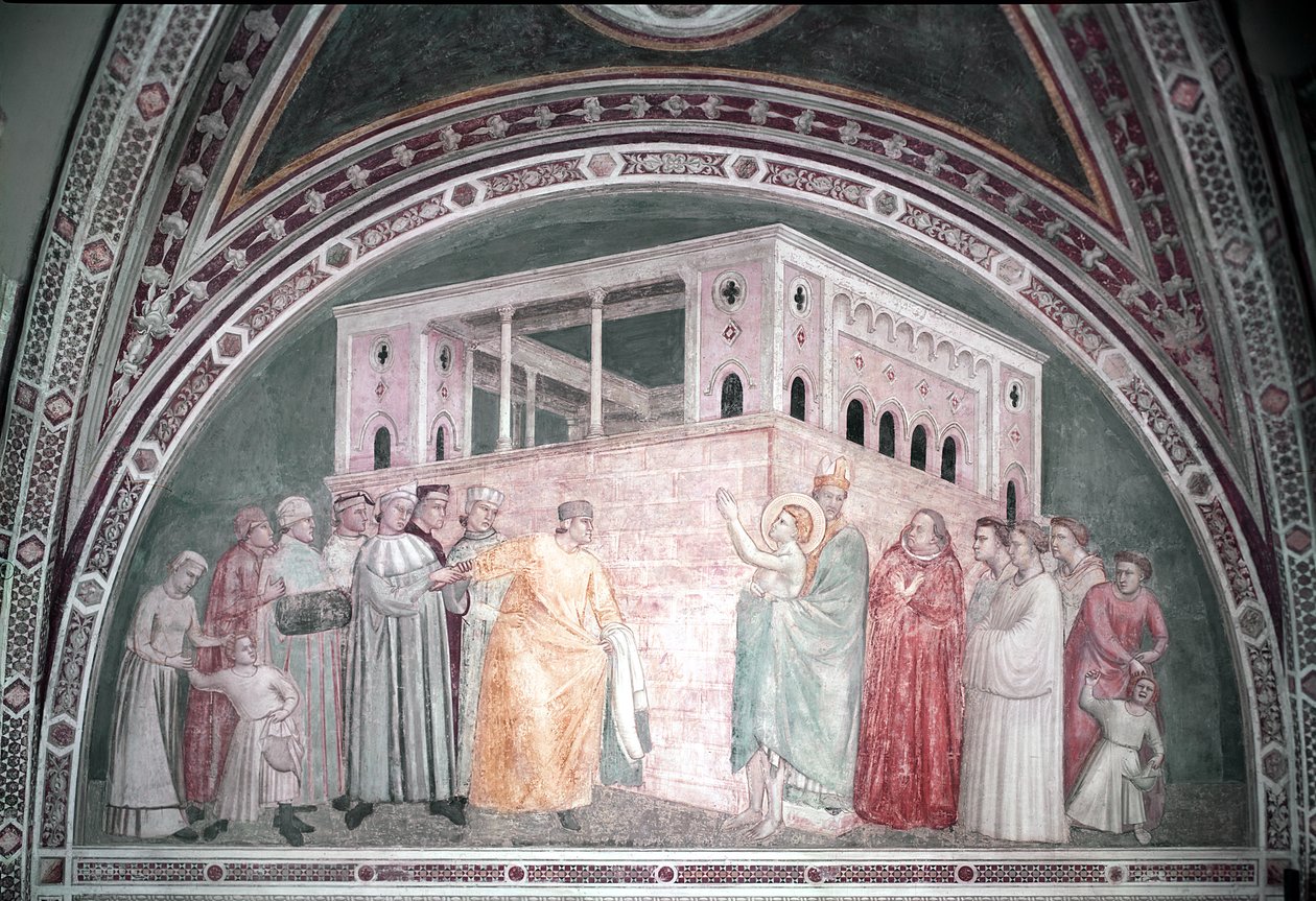 Św. Franciszek wyrzekający się dóbr doczesnych, z kaplicy Bardi, ok.1320 autorstwa Giotto di Bondone
