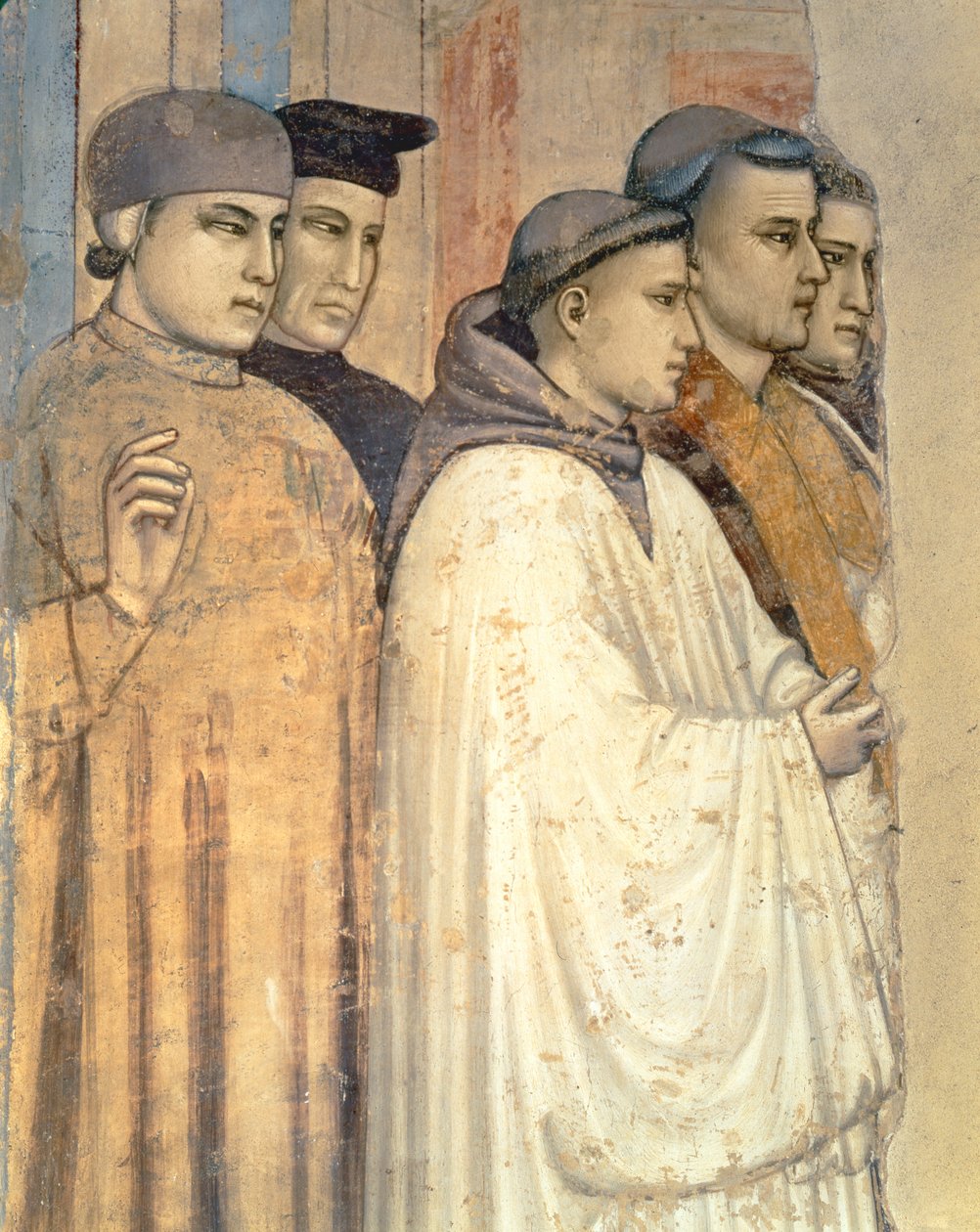 Śmierć św. Franciszka, fragment stojących żałobników po lewej stronie, fragment fresku kaplicy Bardi z 63330 autorstwa Giotto di Bondone