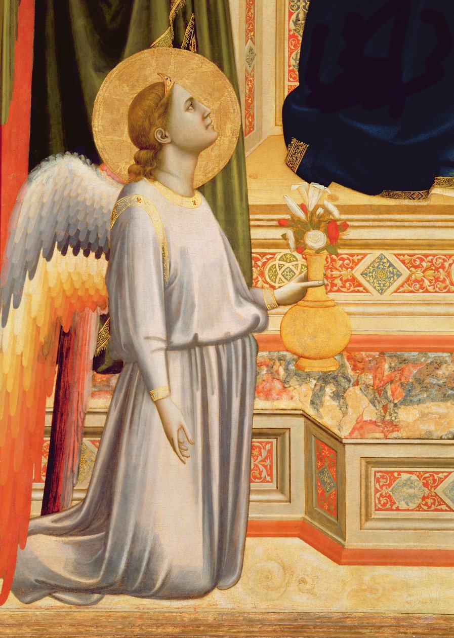Madonna di Ognissanti Szczegół klęczącego anioła z wazą z kwiatami, ok. 1310 zob. także 63334 autorstwa Giotto di Bondone