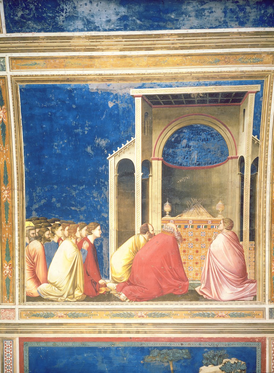 Zalotnicy Dziewicy modlący się przed prętami w świątyni, ok. 1305 (szczegóły patrz 67132) autorstwa Giotto di Bondone