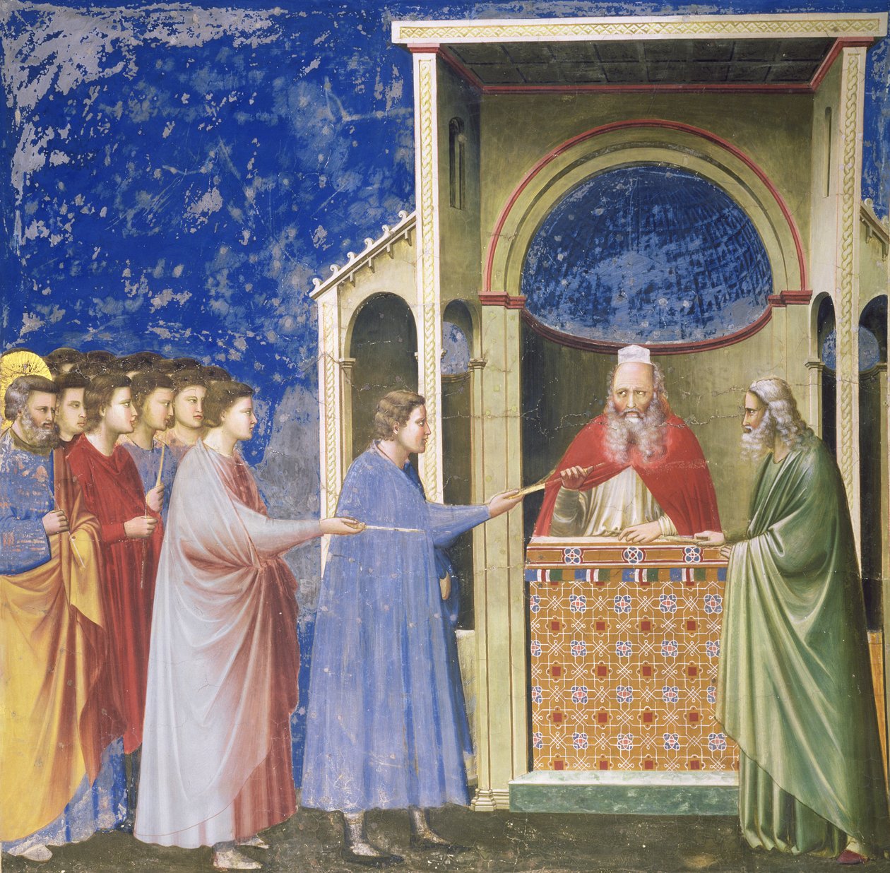 Zalotnicy Dziewicy prezentujący swoje laski w świątyni, ok.1305 autorstwa Giotto di Bondone