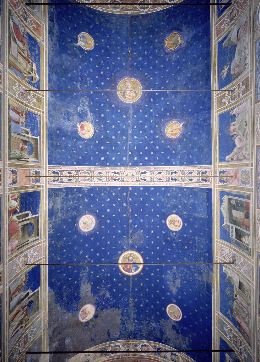 Widok sklepienia stropowego z medalionami przedstawiającymi Chrystusa, Madonnę z Dzieciątkiem i Doktorów Kościoła, ok.1305 autorstwa Giotto di Bondone