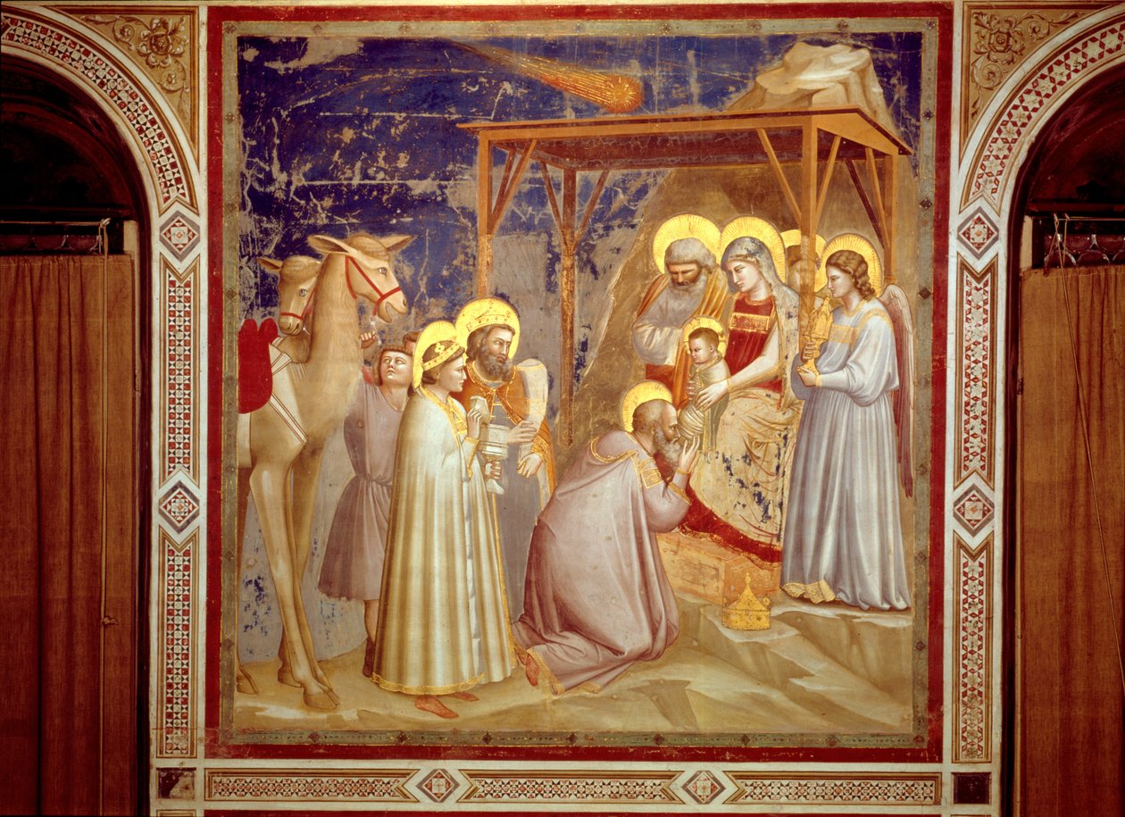 Pokłon Trzech Króli, Kaplica Scrovegnich, Padwa, ok. 1305 (fresk) autorstwa Giotto (c.1266 1337)