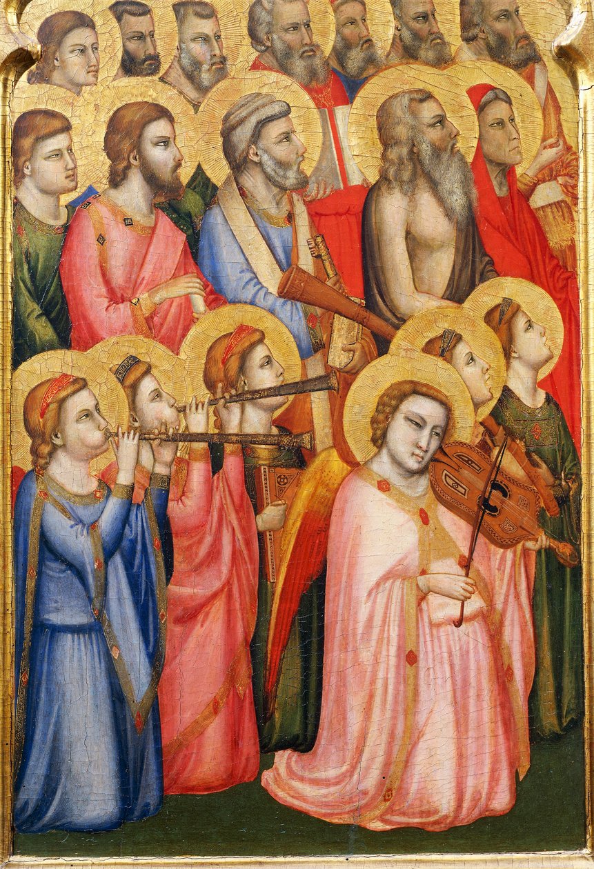 Włochy, Florencja, Bazylika Świętego Krzyża, Kaplica Bandini Baroncelli, Anioły grające na instrumentach muzycznych, fragment koronacji Matki Boskiej autorstwa Giotto (c.1266 1337)