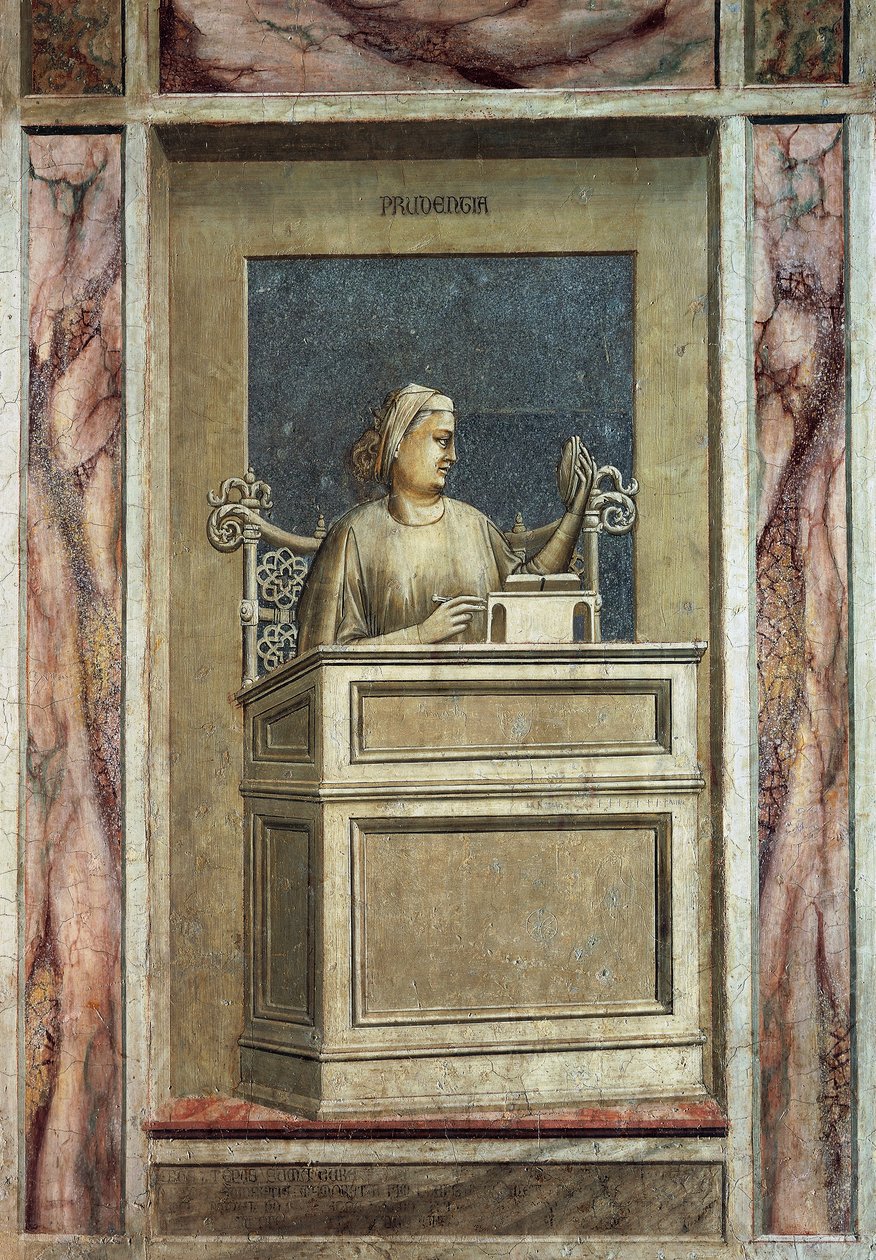Roztropność, postać kobieca siedząca przy biurku, patrząca w przeszłość, by czerpać z doświadczenia i czytająca książkę, by zdobyć nauki na przyszłość, autorstwa Giotto, cykl fresków Wady i cnoty, po renowacji, Kaplica Scrovegnich, Padwa, Wenecja Euganejsk autorstwa Giotto (c.1266 1337)