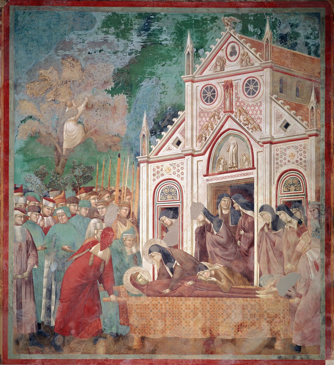 Kondukt pogrzebowy św. Franciszka z Asyżu zostaje zatrzymany przed św. Damienem, aby św. Claire mogła oddać cześć ciału - Fresco autorstwa Giotto (c.1266 1337)