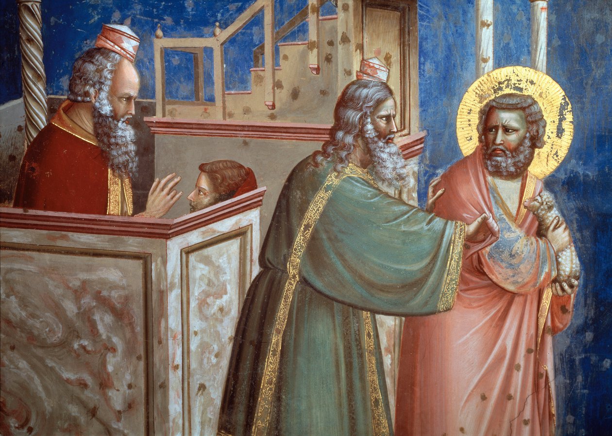 Kapłan odrzucający Joachima przyszedł z barankiem, aby go złożyć w ofierze. Szczegół z życia św. Anny i św. Joachima (fresk) autorstwa Giotto (c.1266 1337)