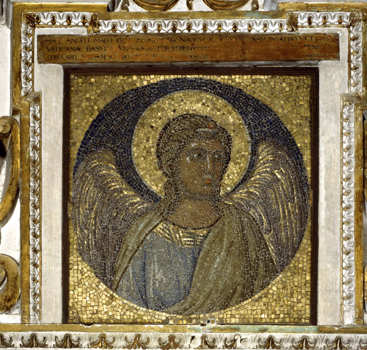 anioł. Fragment kapsuły. Mozaika ze złotym tłem wykonana przez Giotto di Bondone (1267 - 1337) i architektura Maderno autorstwa Giotto (c.1266 1337)