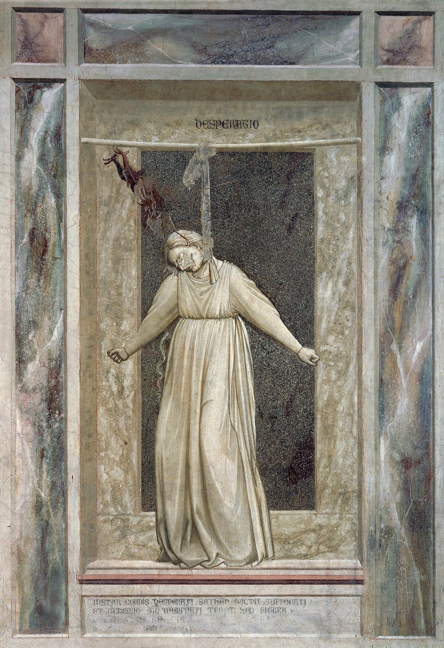 Rozpacz, postać kobieca wieszająca się i diabeł, który chwyta ją za włosy, Giotto (1267-1337), detal z cyklu fresków Wady i cnoty autorstwa Giotto (c.1266 1337)