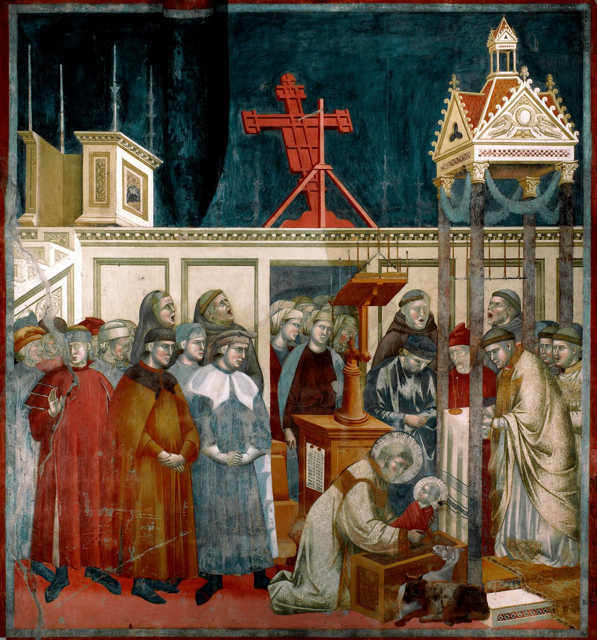 Historia św. Franciszka z Asyżu: „Cud szopki w Greccio” Święty Franciszek stworzył pierwszą szopkę w Greccio niedaleko Rieti w 1223 r. Fresk Giotto di Bondone (1267-1337). 1296-1299 niedz. 270x230 cm Bazylika Górna św. Franciszka z Asyżu, autorstwa Giotto (c.1266 1337)