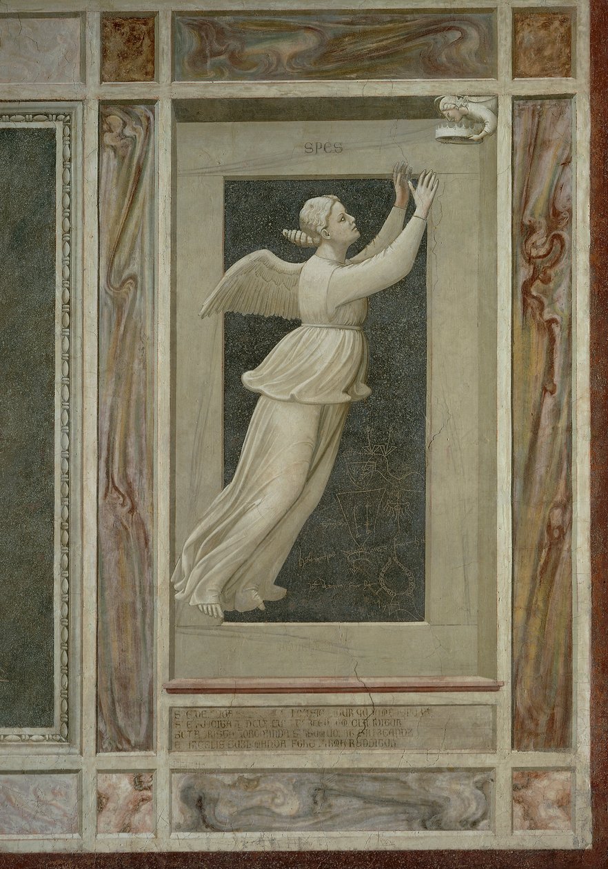 Nadzieja, uskrzydlona postać kobieca lecąca w kierunku anioła, który zaprowadzi ją do nieba, autorstwa Giotto (1267-1337), fragment z cyklu fresków Wady i cnoty autorstwa Giotto (c.1266 1337)