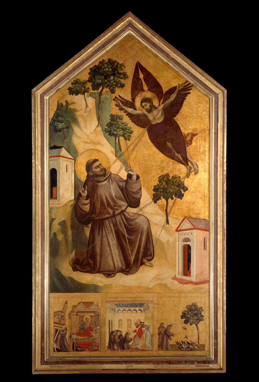 Św. Franciszek z Asyżu otrzymujący stygmaty Tempera na drewnie przez Giotto di Bondone (1266-1337) około 1300 r. niedz. 3,13x1,63m. - Stygmaty św. Franciszka. Tempera na drewnie Giotto di Bondone (1266-1337) około 1295-1300. 3,13 x 1,63 m. Muzeum w Luwrze, autorstwa Giotto (c.1266 1337)