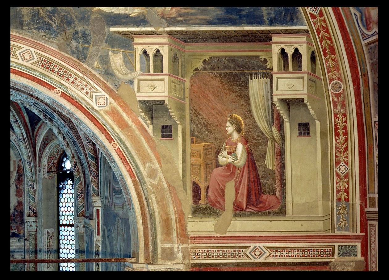 Zwiastowanie, fragment klęczącej Dziewicy, z lunety nad ołtarzem, ok.1305 (fresk) autorstwa Giotto (c.1266 1337)