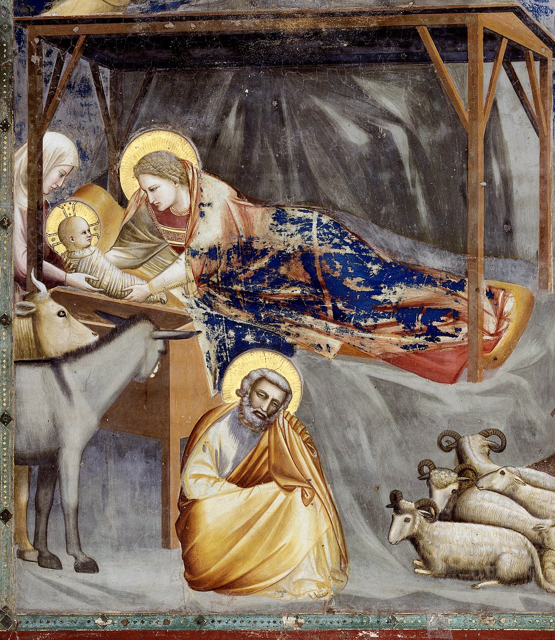 Narodzenia, szczegół Matki Boskiej z Dzieciątkiem, osiołka i Józefa, szczegół autorstwa Giotto (c.1266 1337)