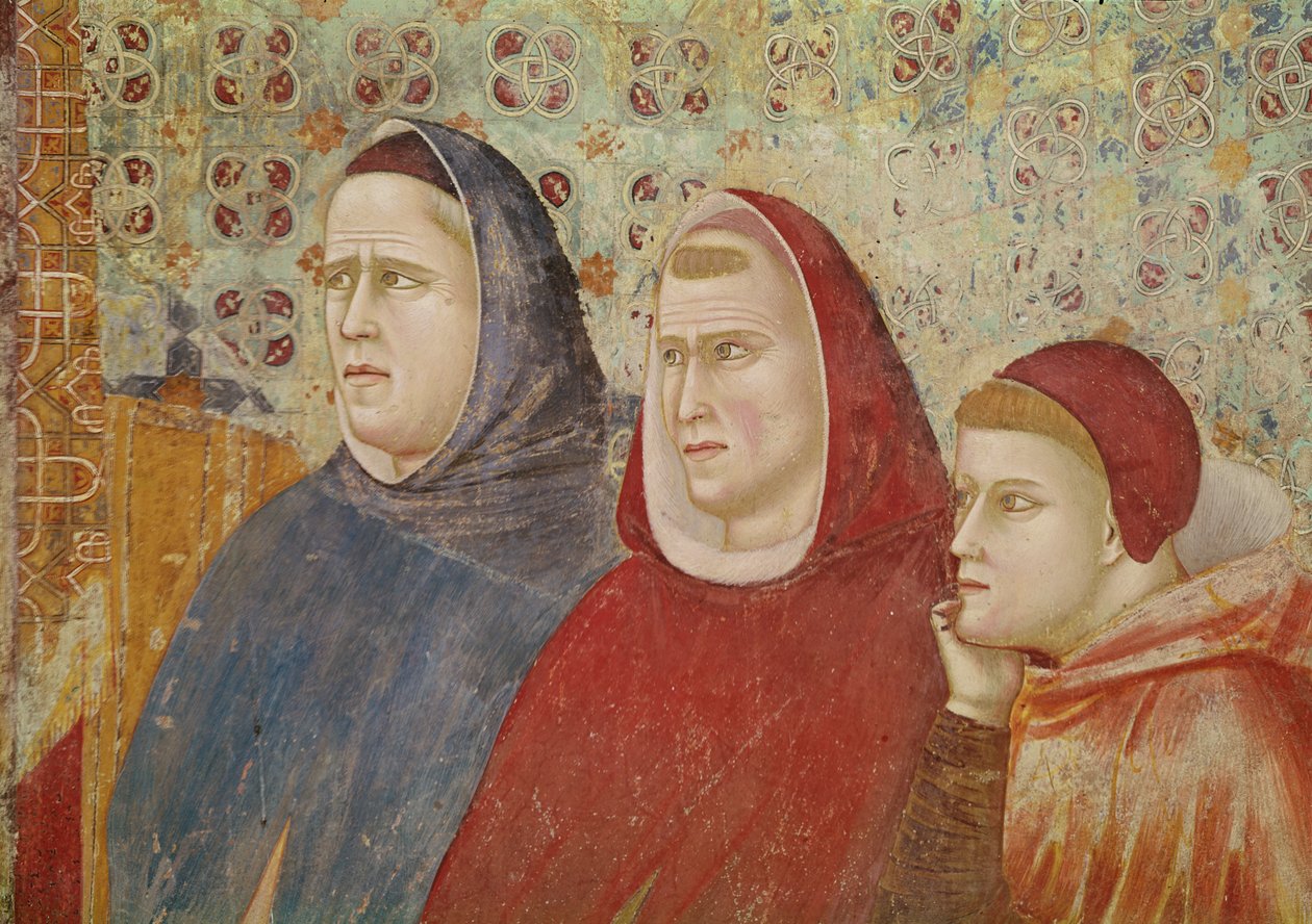 Św. Franciszek wygłasza kazanie do papieża Honoriusza III, fragment trzech prałatów po prawej stronie, ok. 1297-99 autorstwa Giotto di Bondone