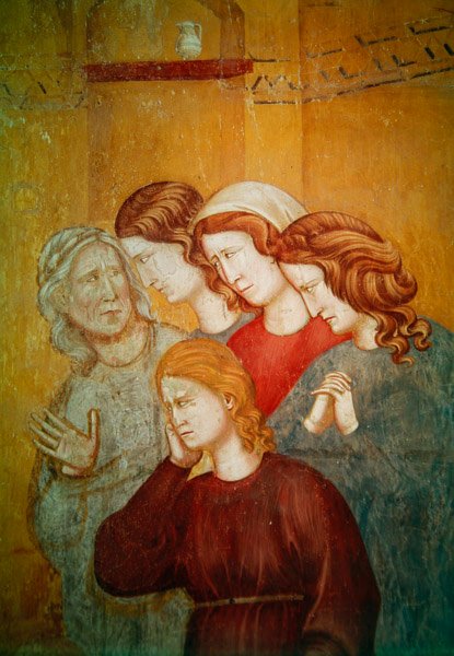 Św. Franciszek ożywia nienabitą kobietę, aby ułatwić jej spowiedź, szczegół grupy kobiet po prawej, ok. 1297-99 autorstwa Giotto di Bondone