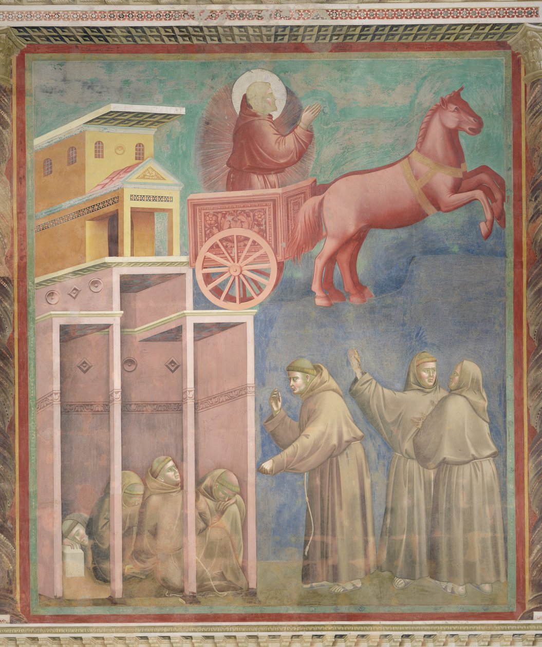 Św. Franciszek ukazuje się swoim towarzyszom w ognistym rydwanie, 1296-97 autorstwa Giotto di Bondone