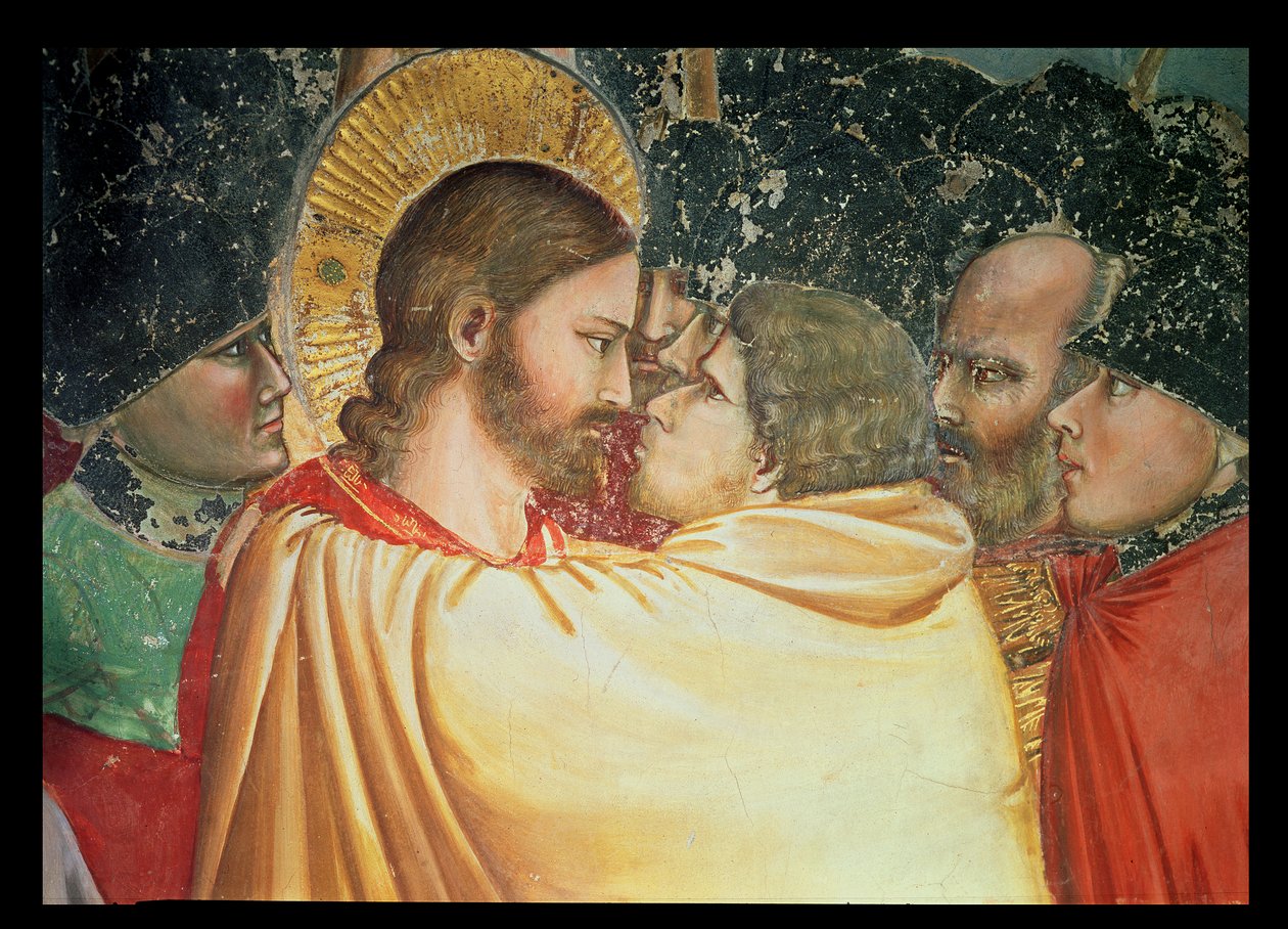 Zdrada Chrystusa, szczegół pocałunku, ok.1305 autorstwa Giotto di Bondone