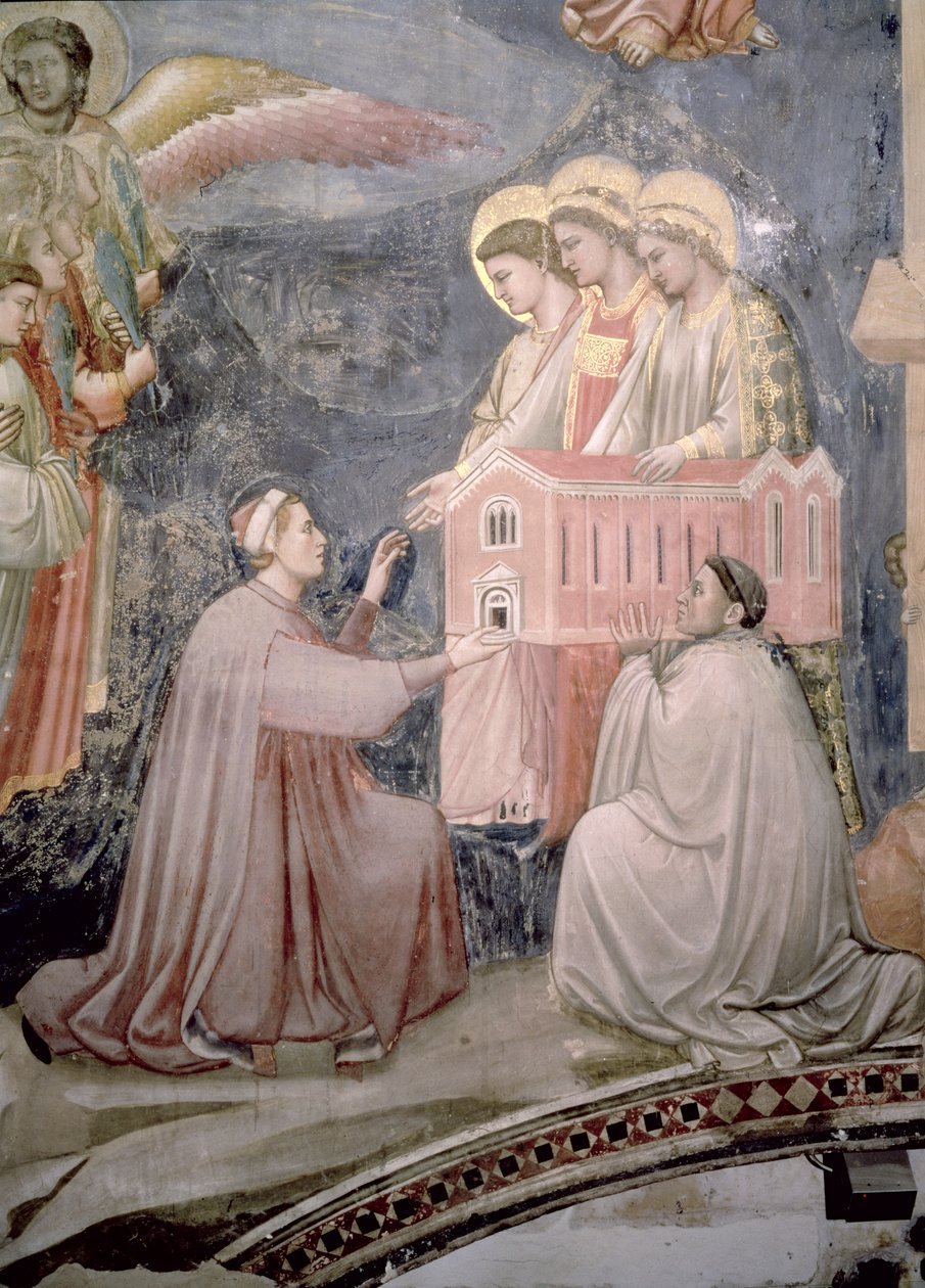 Sąd Ostateczny, detal patrona Enrico Scrovegni przedstawiający model kościoła, ok.1305 detal fresku z 65227 autorstwa Giotto di Bondone