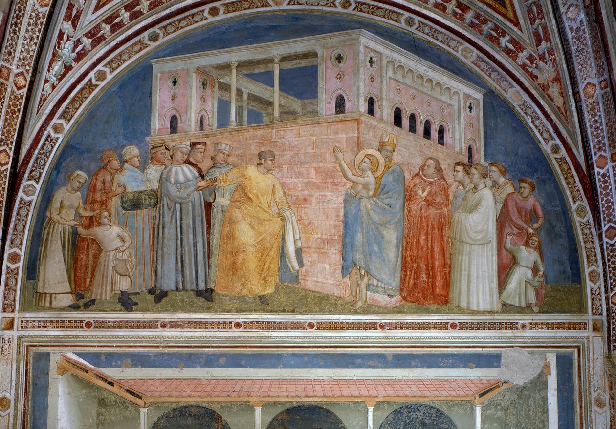 Św. Franciszek wyrzekający się dóbr doczesnych, z kaplicy Bardi, ok.1320 autorstwa Giotto di Bondone