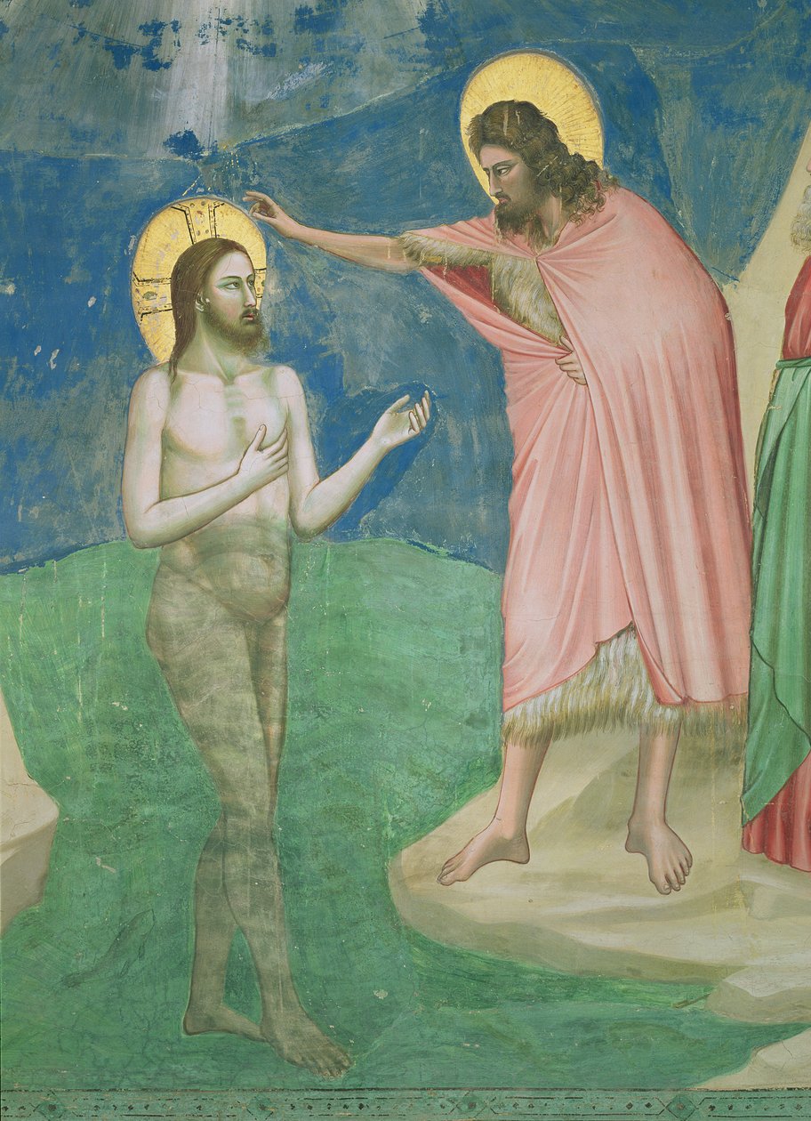 Chrzest Chrystusa, detal przedstawiający Chrystusa i św. Jana Chrzciciela, 1303-05 autorstwa Giotto di Bondone