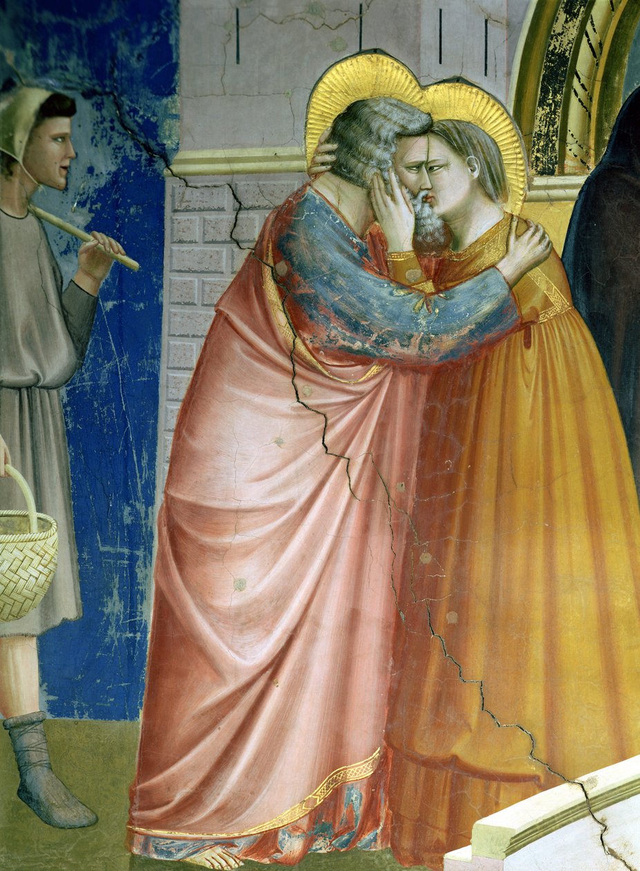 Spotkanie przy Złotej Bramie, detal przedstawiający obejmujących się Joachima i św. Annę, ok. 1305 r. (detal z 65216) autorstwa Giotto di Bondone