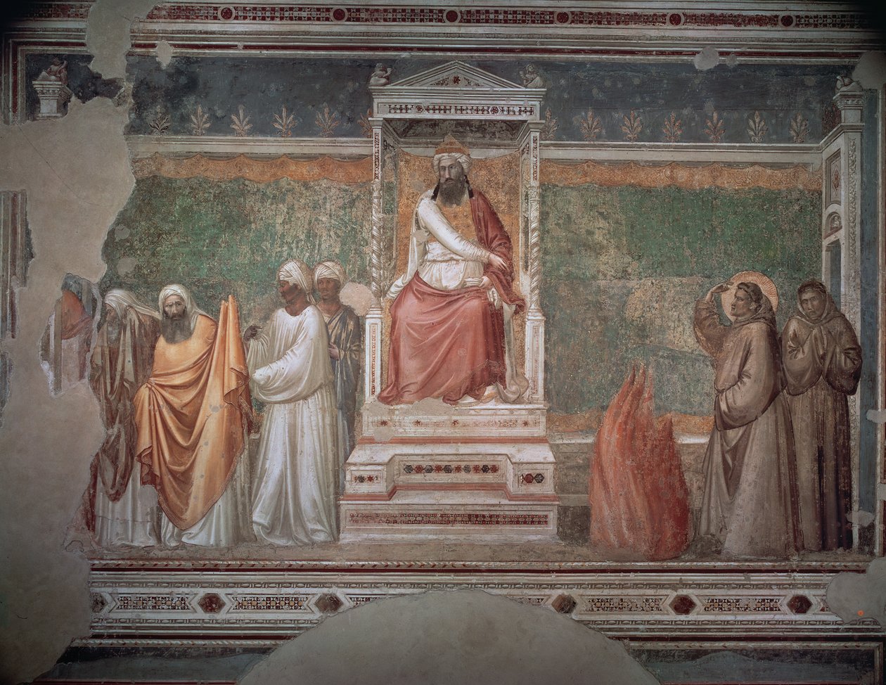 Proces pożarowy św. Franciszka z Asyżu przed sułtanem Egiptu, z kaplicy Bardi, c.1320 autorstwa Giotto di Bondone