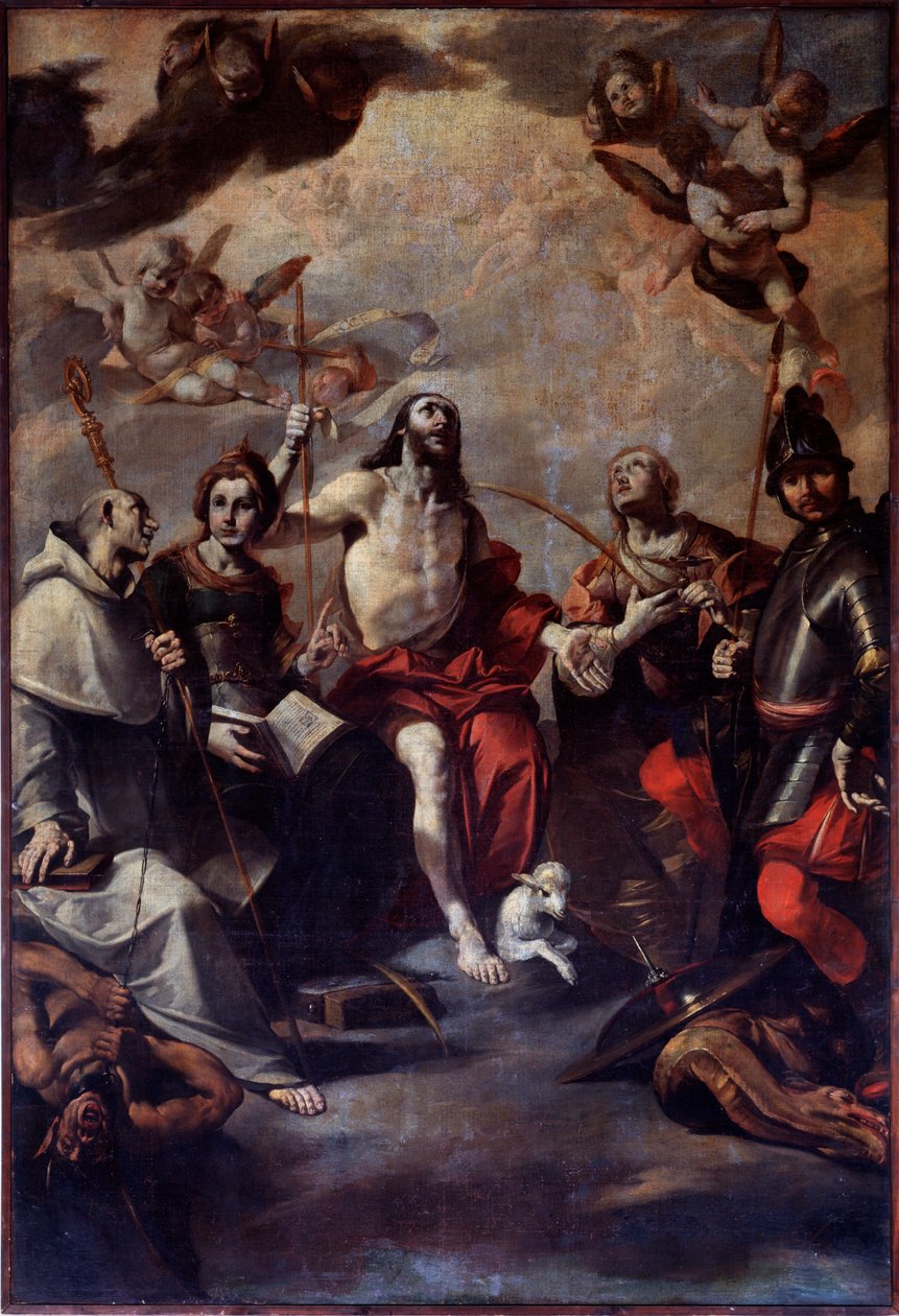 Św. Jan Chrzciciel, Św. Jerzy, Św. Łucja, Św. Katarzyna, Św. Bernard (Malarstwo) autorstwa Giovacchino Assereto