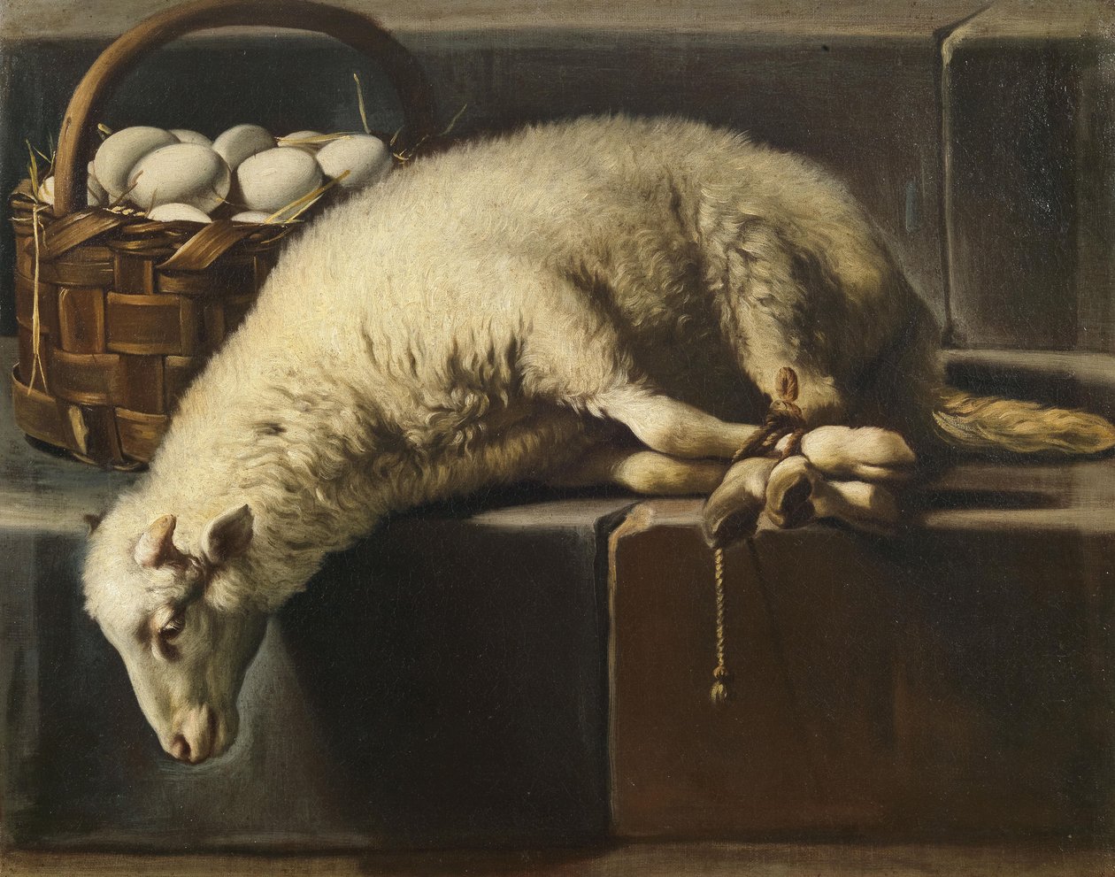 Podwiązany baranek obok koszyka jaj Alegoria Wielkanocy, II poł. XVII w. autorstwa Giovan Battista Recco