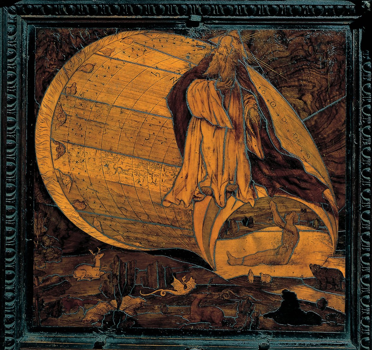 La Creation du monde - Intarsja z drewna autorstwa Giovan Francesco Capoferri z Lorenzo Lotto (1480-1556) - XVI wiek - Kościół Santa Maria Maggiore, Bergamo autorstwa Giovan Francesco Capoferri