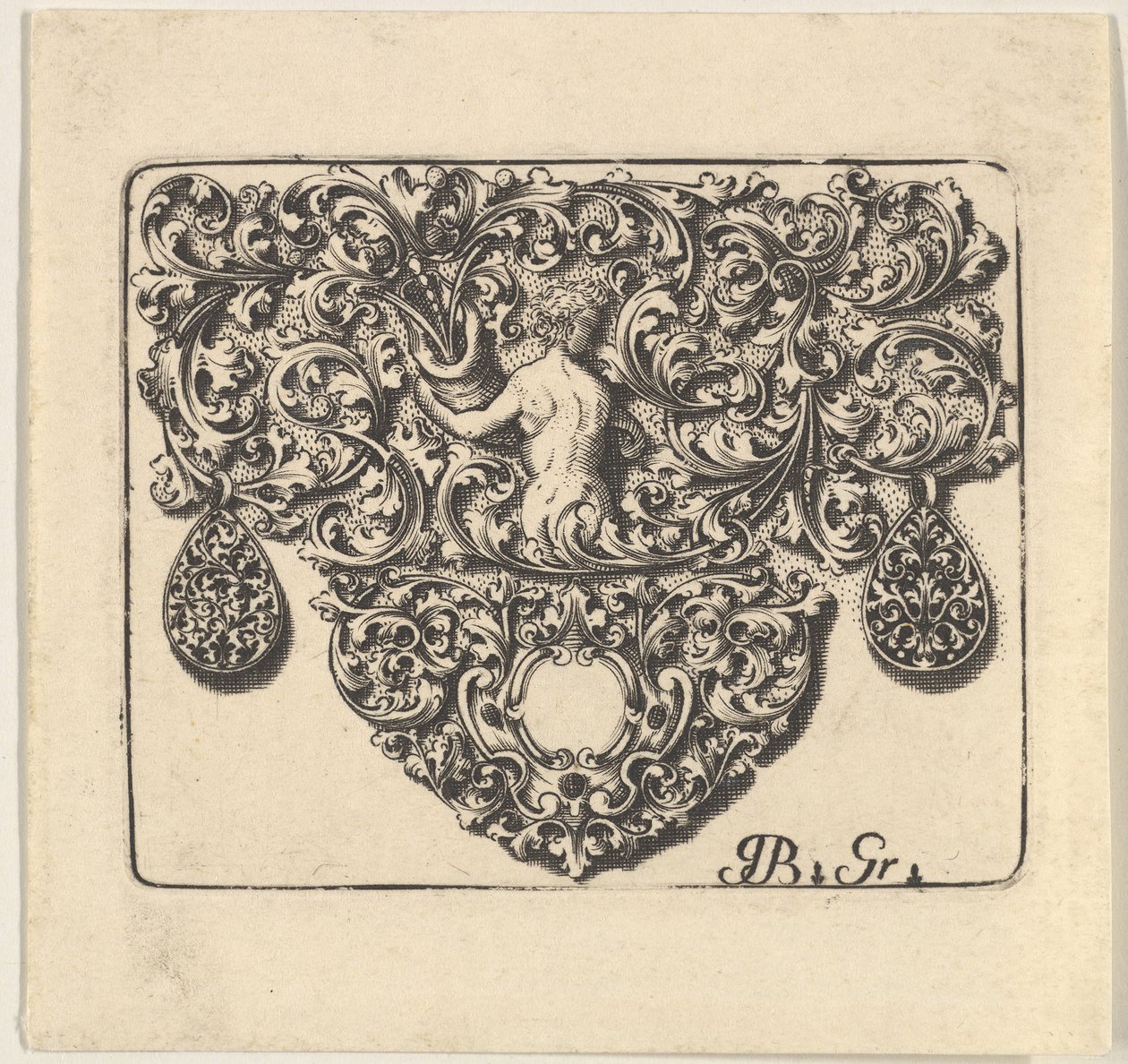 Ornament złotniczy z młodym mężczyzną trzymającym róg obfitości, 1709. autorstwa Giovani Battista Grondoni