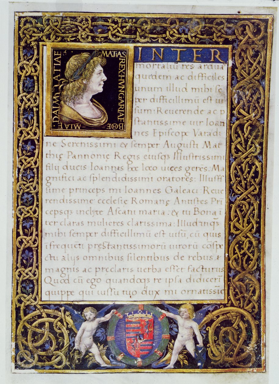 Strona z kodeksu z portretem Macieja I (1440-90) Korwina autorstwa Giovanni Ambrogio de Predis