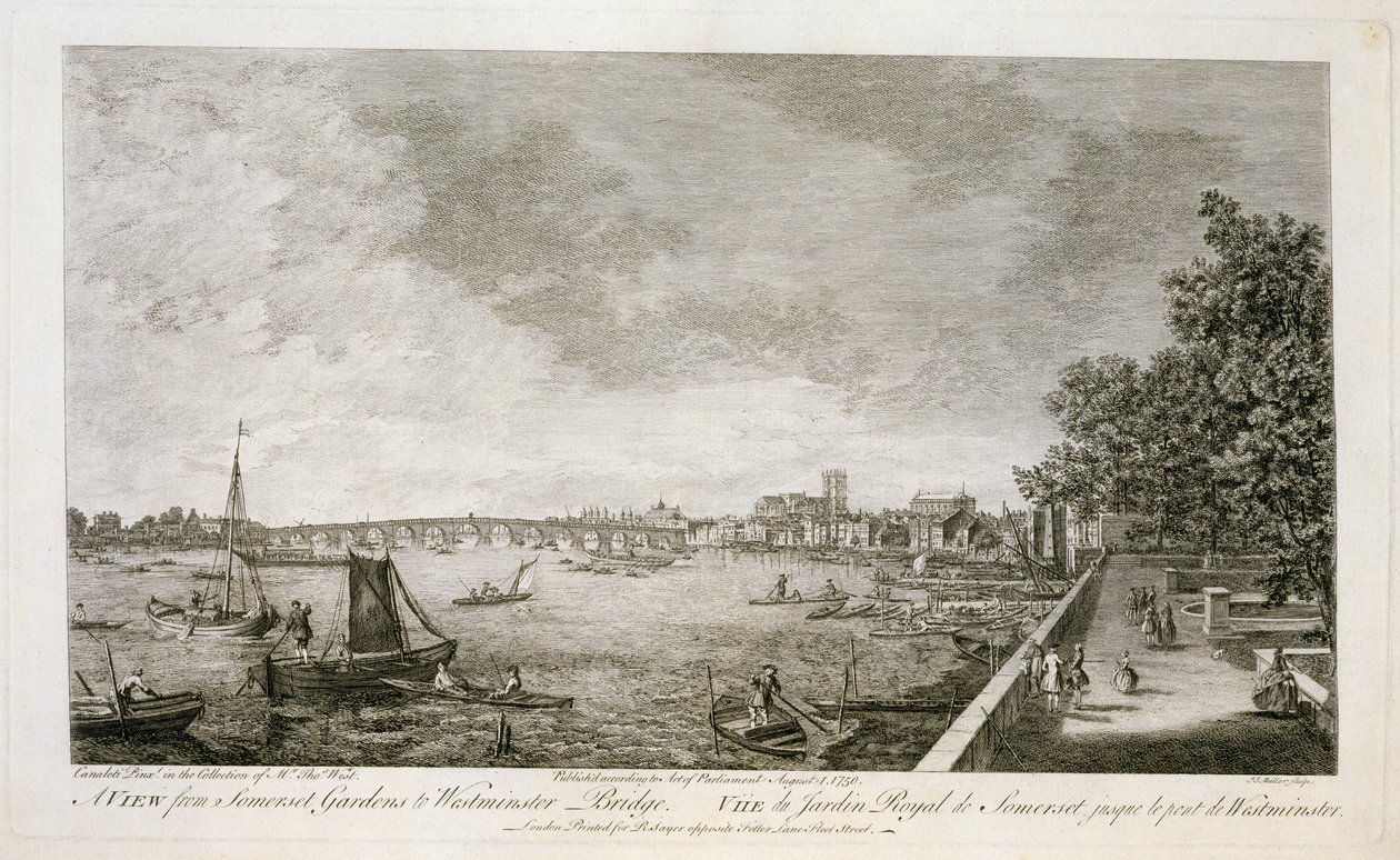 Widok z Somerset Gardens na most Westminster, ryty przez Johanna Sebastiana Muellera (ok. 1715-92) 1750 (patrz 111929) autorstwa Giovanni Antonio Canal