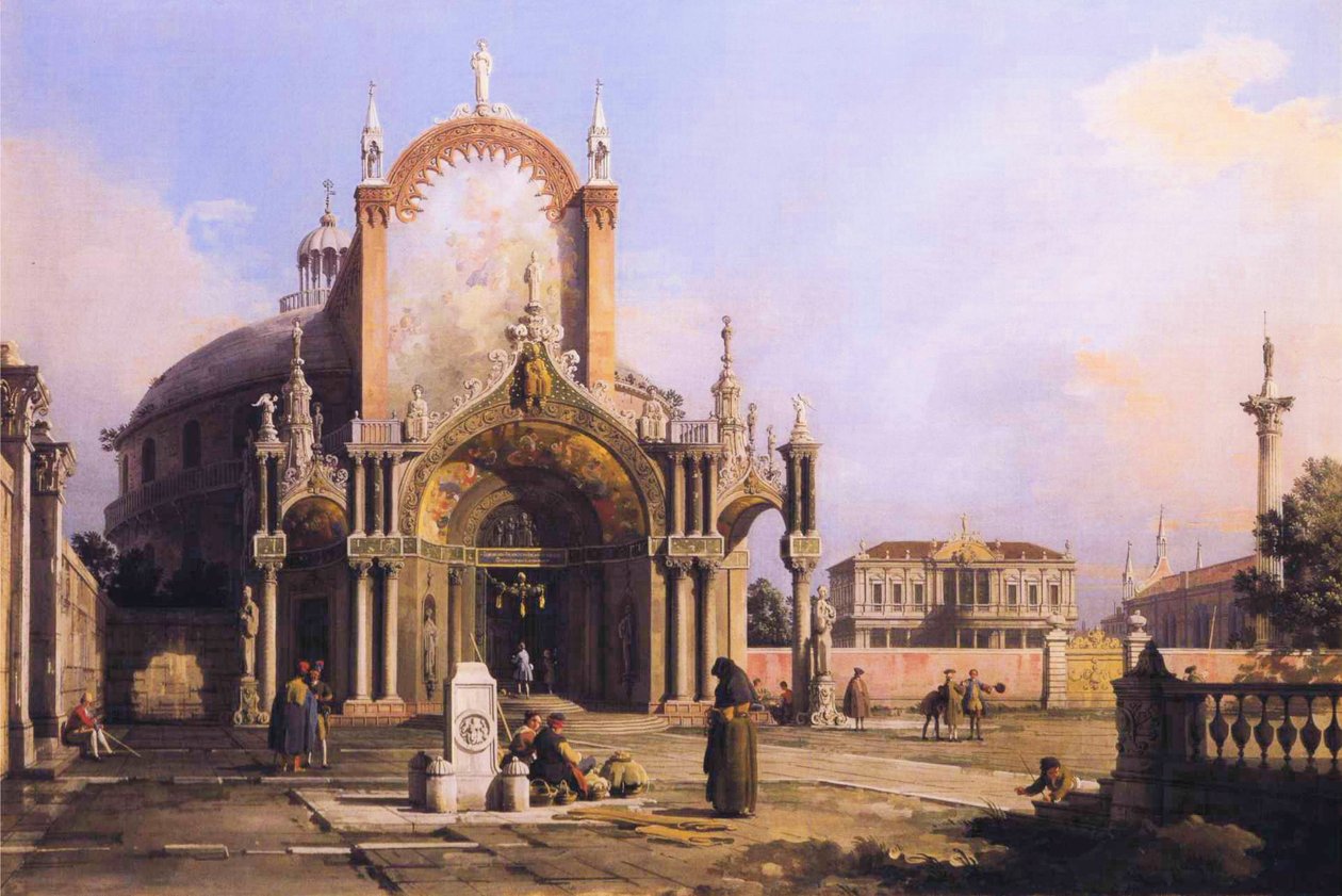 Capriccio Okrągłego Kościoła z Dopracowanym Gotyckim Portykiem na Piazza, Palladian Piazza i Gotycki Kościół Beyond.JPG autorstwa Giovanni Antonio Canal