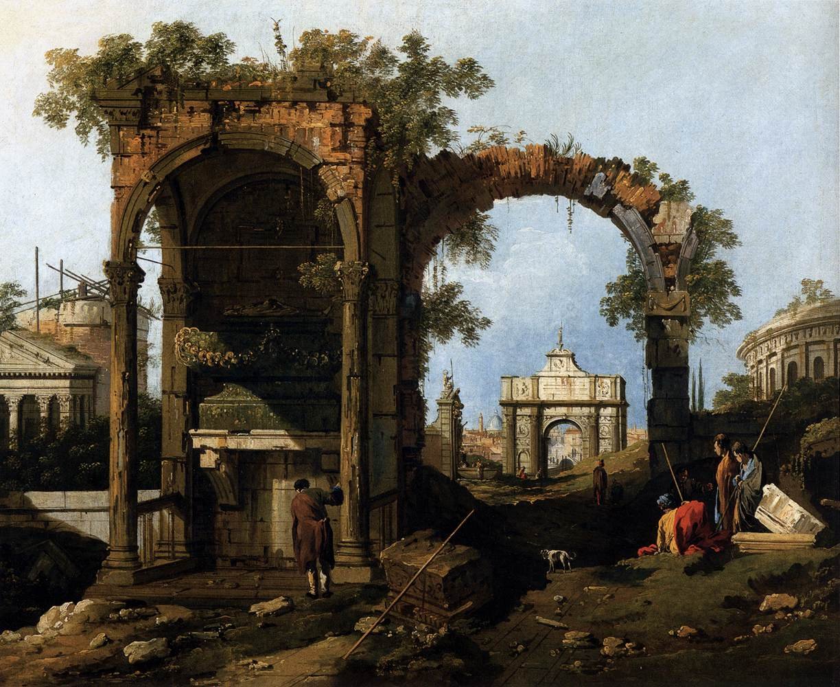 Capriccio z klasycznymi ruinami i budynkami autorstwa Giovanni Antonio Canal