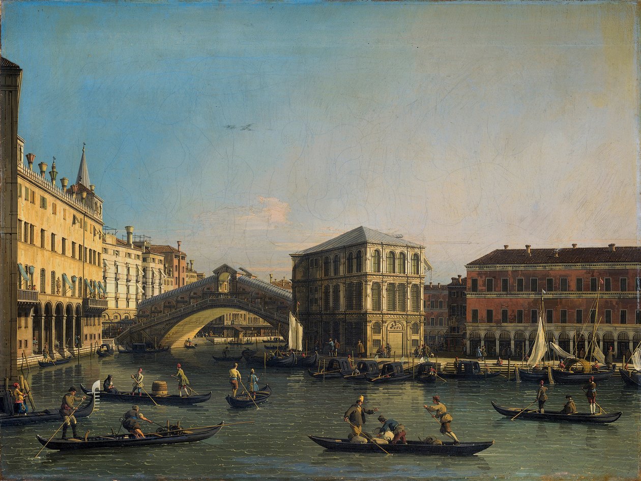 Het Canal Grande met de Ponte Rialto en de Fondaco dei Tedeschi autorstwa Giovanni Antonio Canal