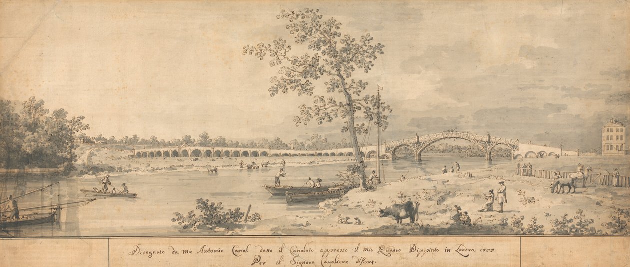 Stary Walton Bridge widziany z Middlesex Shore autorstwa Giovanni Antonio Canal