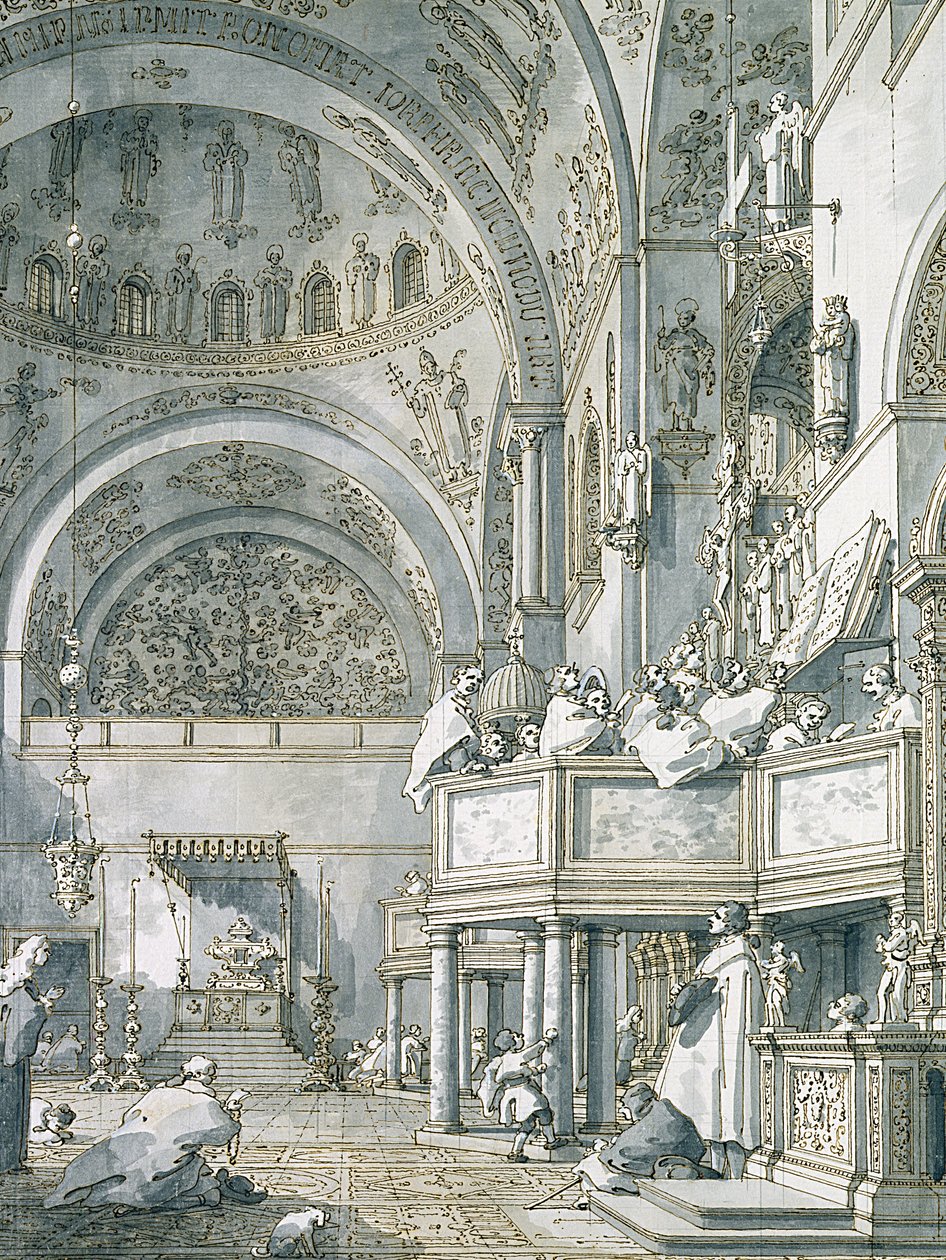 Chór śpiewający w Bazylice św. Marka, Wenecja, 1766 (pióro, tusz i farba na papierze) autorstwa Giovanni Antonio Canal