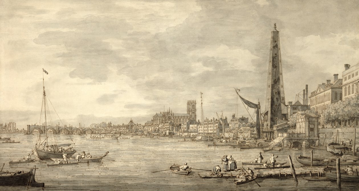 Tamiza Patrząc w stronę Westminster z okolic York Water Gate (pióro i brązowy tusz z szarym praniem na papierze) autorstwa Giovanni Antonio Canal