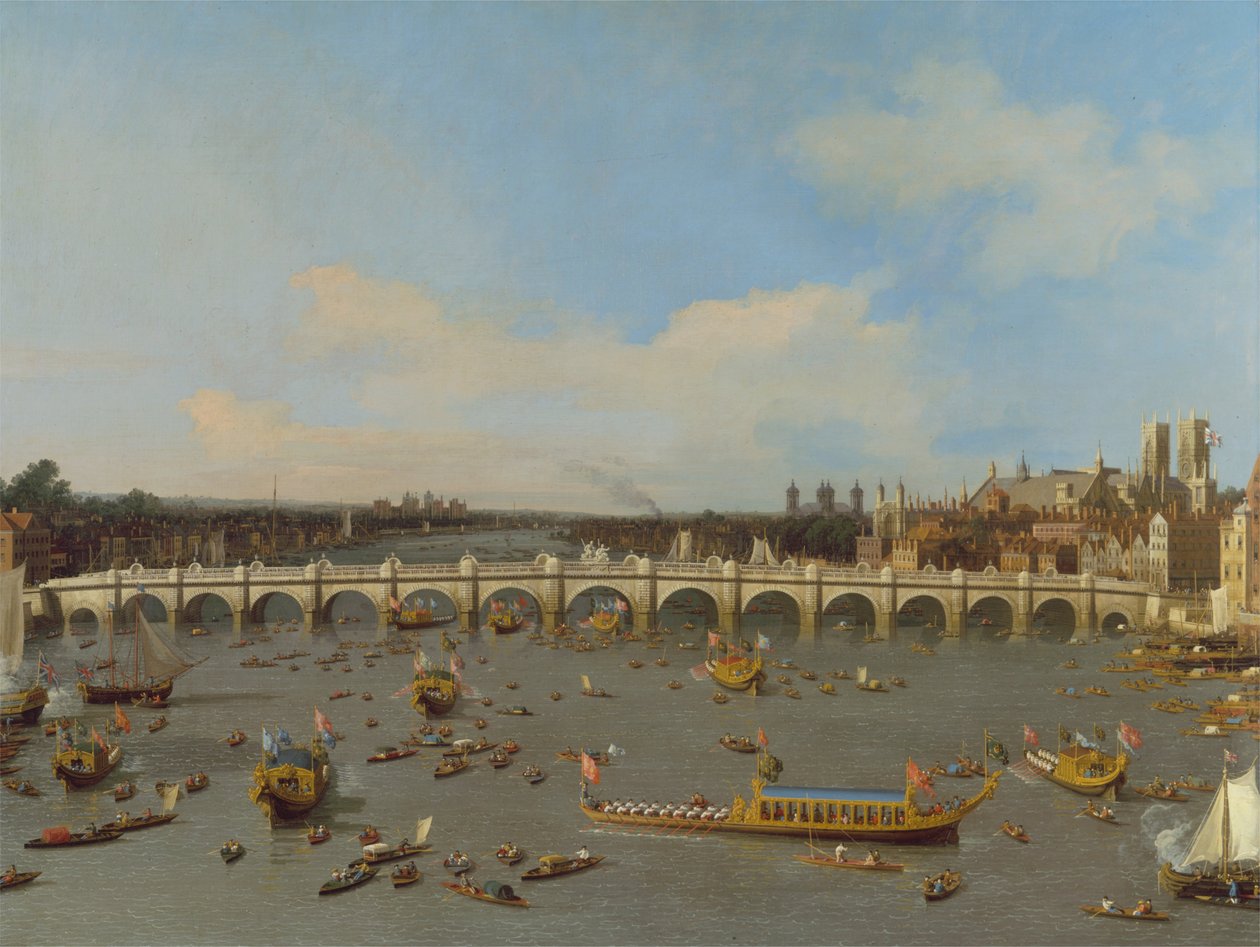 Westminster Bridge, z procesją Lord Mayors nad Tamizą autorstwa Giovanni Antonio Canal