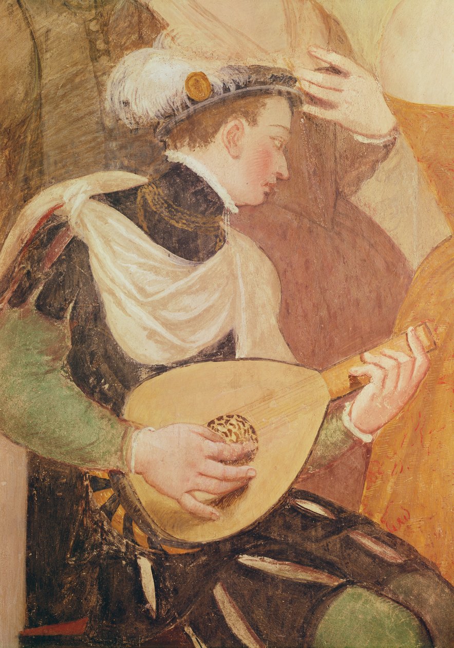 Zaproszenie do tańca, detal muzyk, fresk 1570 autorstwa Giovanni Antonio Fasolo