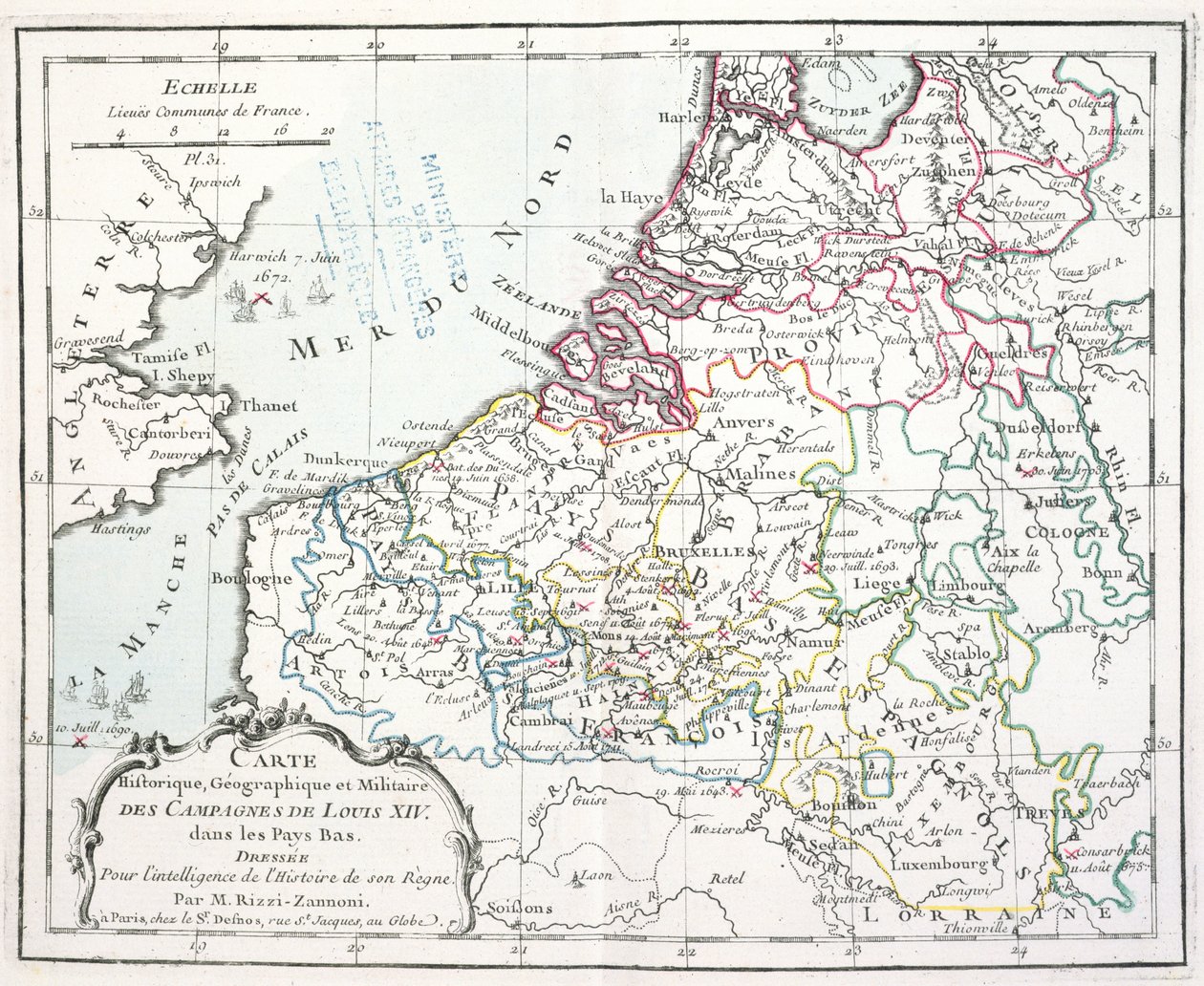 Mapa przedstawiająca kampanie wojenne Ludwika XIV w Niderlandach, z Atlas géographique et militaire, wydana w Paryżu, 1763 (rycina kolorowa) autorstwa Giovanni Antonio Rizzi Zannoni