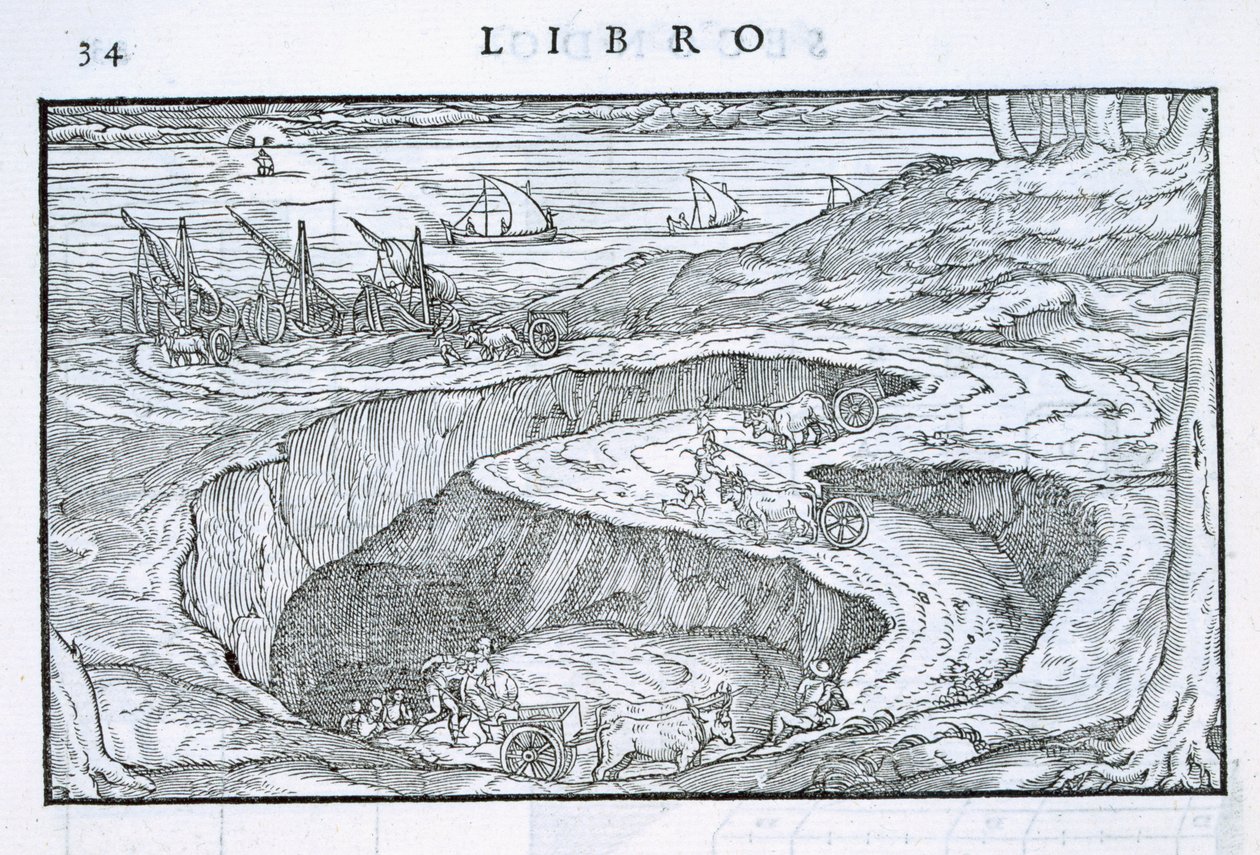 Przenoszenie materiałów budowlanych z kamieniołomu na statki, z „Della Architettura”, wydana 1590 autorstwa Giovanni Antonio Rusconi