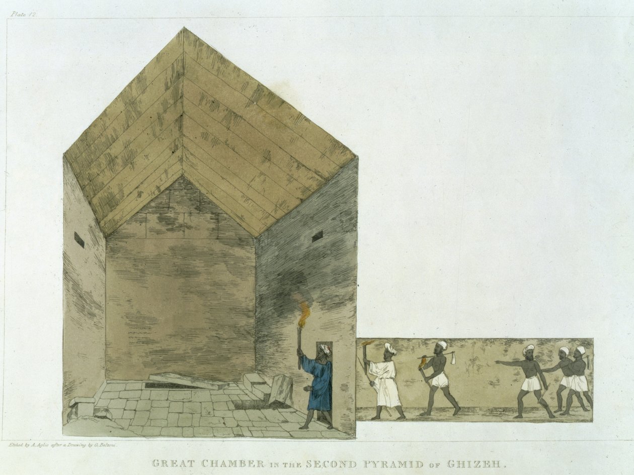 Wielka Komnata w drugiej piramidzie w Gizie, odkryta przez Giovanniego Belzoniego, tablica 12 z "Plates Illustrative of the Research in Egypt and Nubia", rytowana przez Augustyna Aglio (1777-1857) 182 autorstwa Giovanni Battista Belzoni