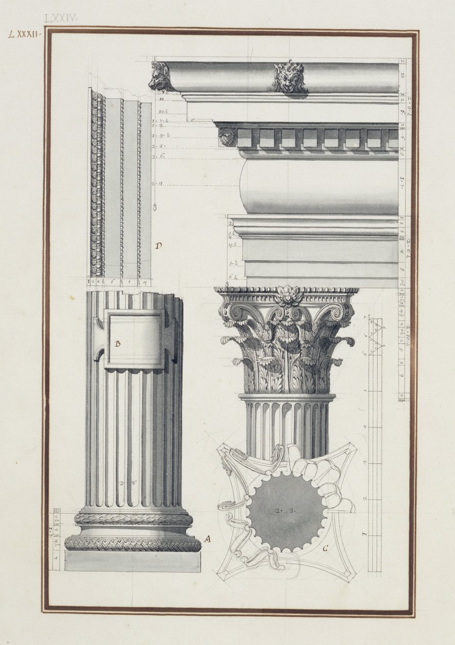 Szczegóły zamówienia złożonego, ok. 1750 (brązowy i czarny tusz oraz wash na papierze kładzionym) autorstwa Giovanni Battista Borra