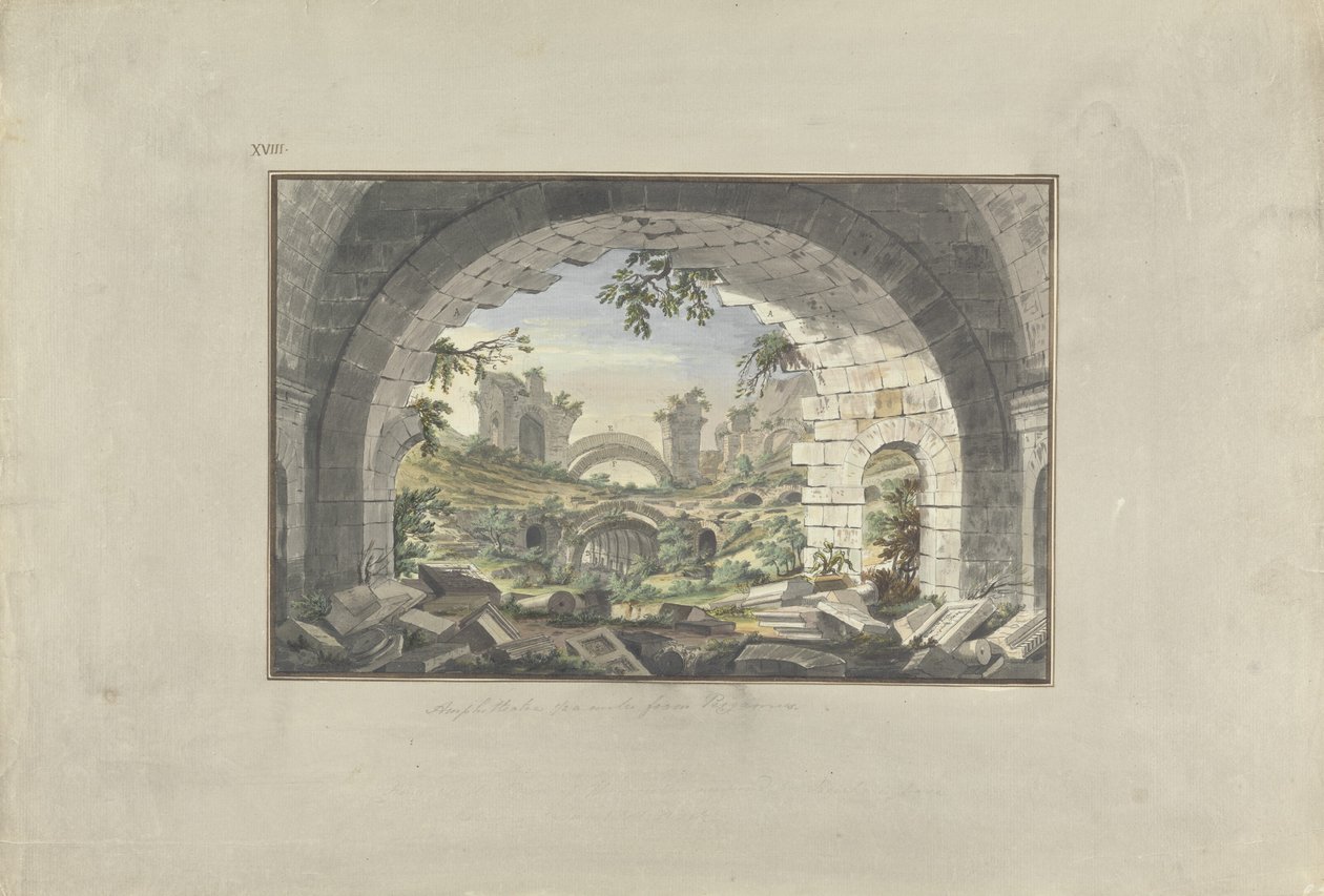Ruiny w Pergamonie, prawdopodobieństwo amfiteatru, ok. 1750 (toaleta z piórem i atramentem nad grafitem na papierze) autorstwa Giovanni Battista Borra